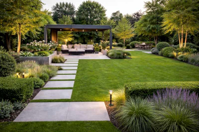 Modern bahçe düzenleme modelinde çim alan, yürüyüş yolu ve pergola ile oluşturulmuş peyzaj tasarımı