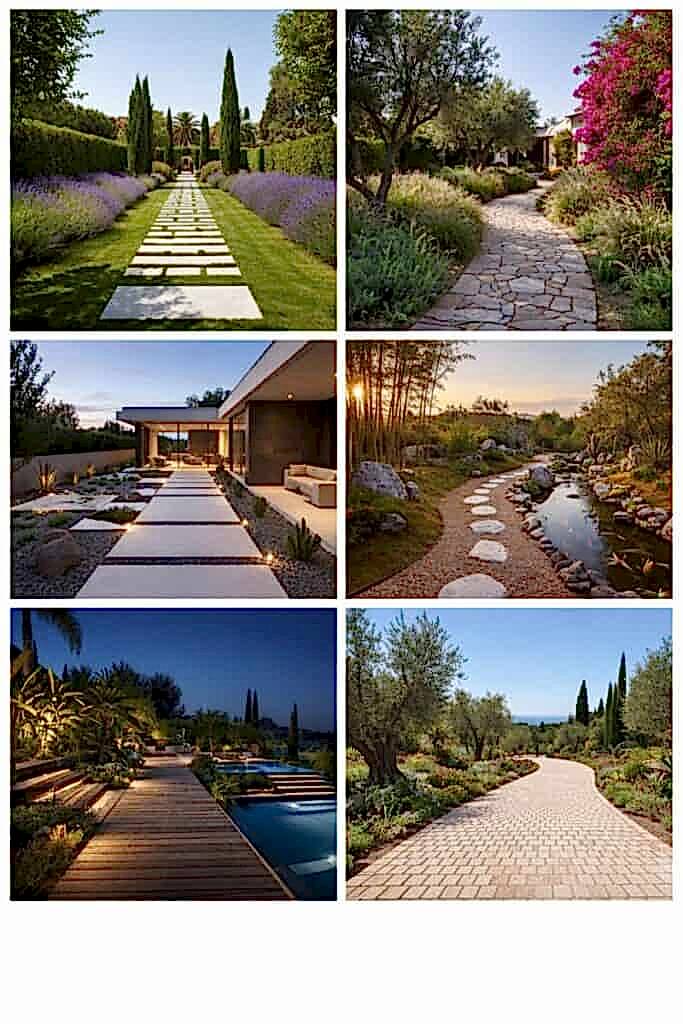 Kilit taşlarla yapılmış geniş villa bahçesi yürüyüş yolu