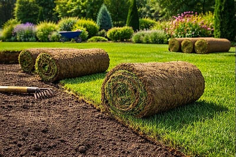 Hazır rulo çim serme çim uygulaması yapılan bahçede yeni kesilmiş rulo çimlerin zemine döşenmesi