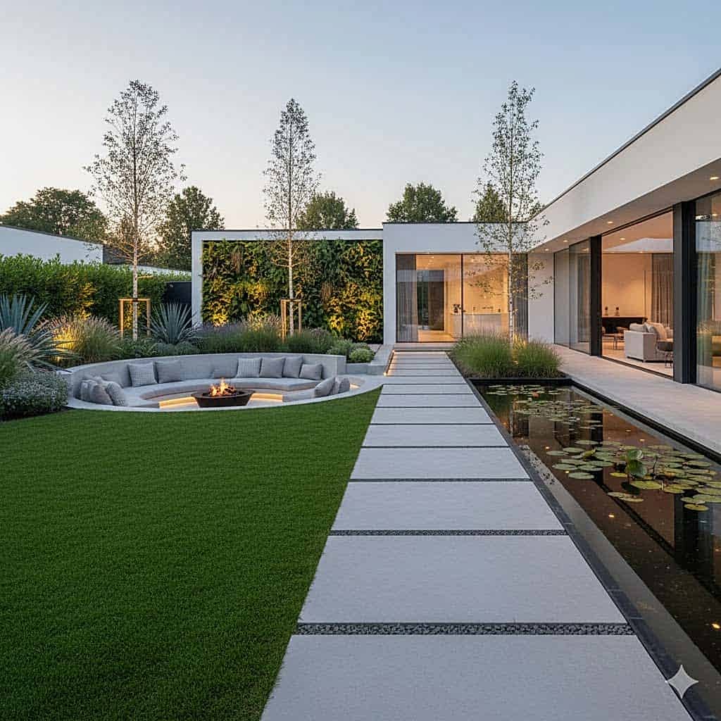 Modern bahçe düzenleme modelinde çim alan, yürüyüş yolu ve pergola ile oluşturulmuş peyzaj tasarımı