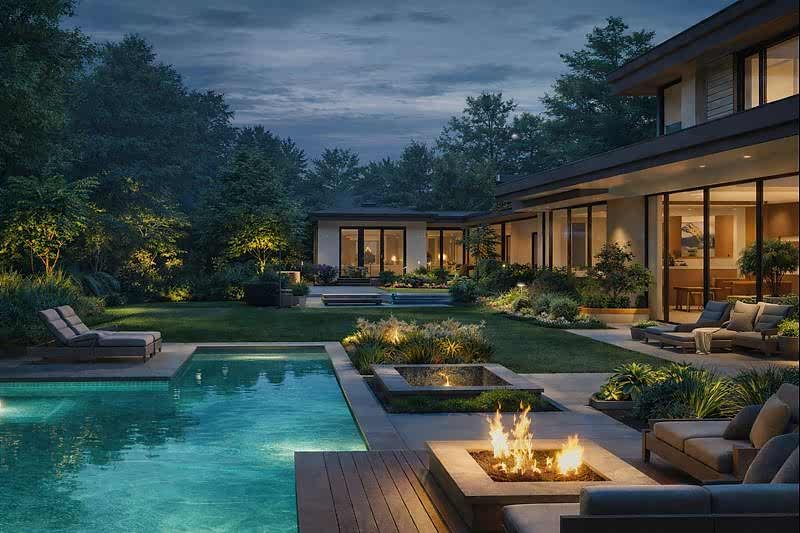 Lüks villa bahçesinde havuz, ateş çukuru ve modern peyzaj düzenlemesi