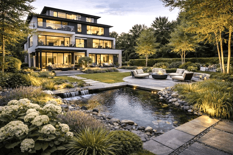 Üç katlı villa bahçesinde su ögesi, doğal taş yol ve çağdaş peyzaj düzenlemesi