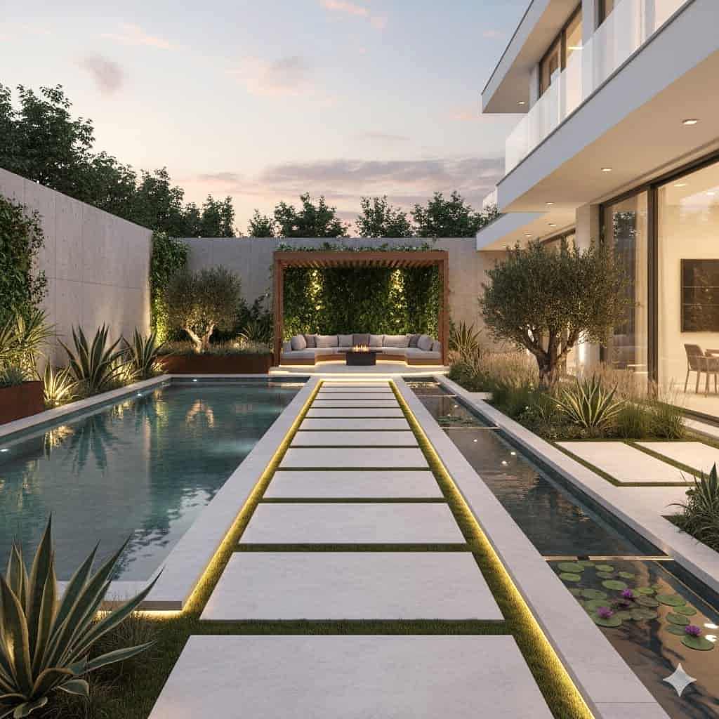 Üç katlı villa bahçesinde su ögesi, doğal taş yol ve çağdaş peyzaj düzenlemesi