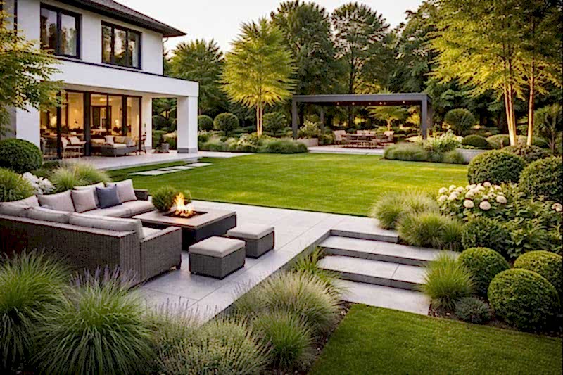 Modern villa bahçe peyzaj tasarımında çim alan, pergola oturma alanı ve düzenli bitkilendirme uygulaması
