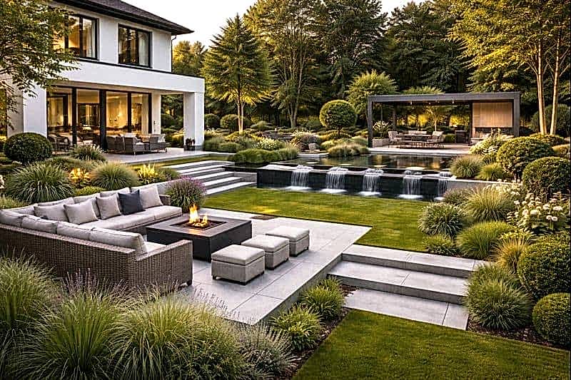 Su ögeli villa bahçe peyzaj tasarımında oturma alanı, kademeli havuz ve pergola düzenlemesi