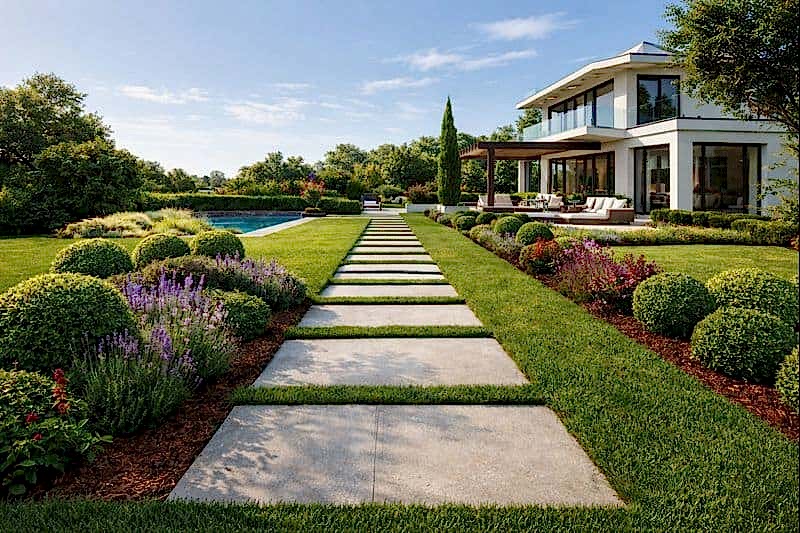 Villa bahçesinde modern beton plak taşlardan yapılmış yürüyüş yolu uygulaması